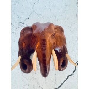 Hand Carved Wood Triple Elephant Head Sculpture Statue Trio Figurine 11in